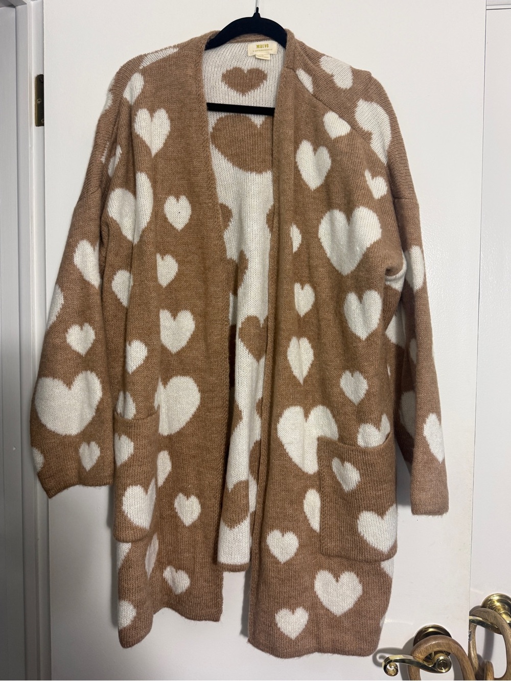 Maeve Women's Heart Print Open Cardigan in Beige and White, m/l